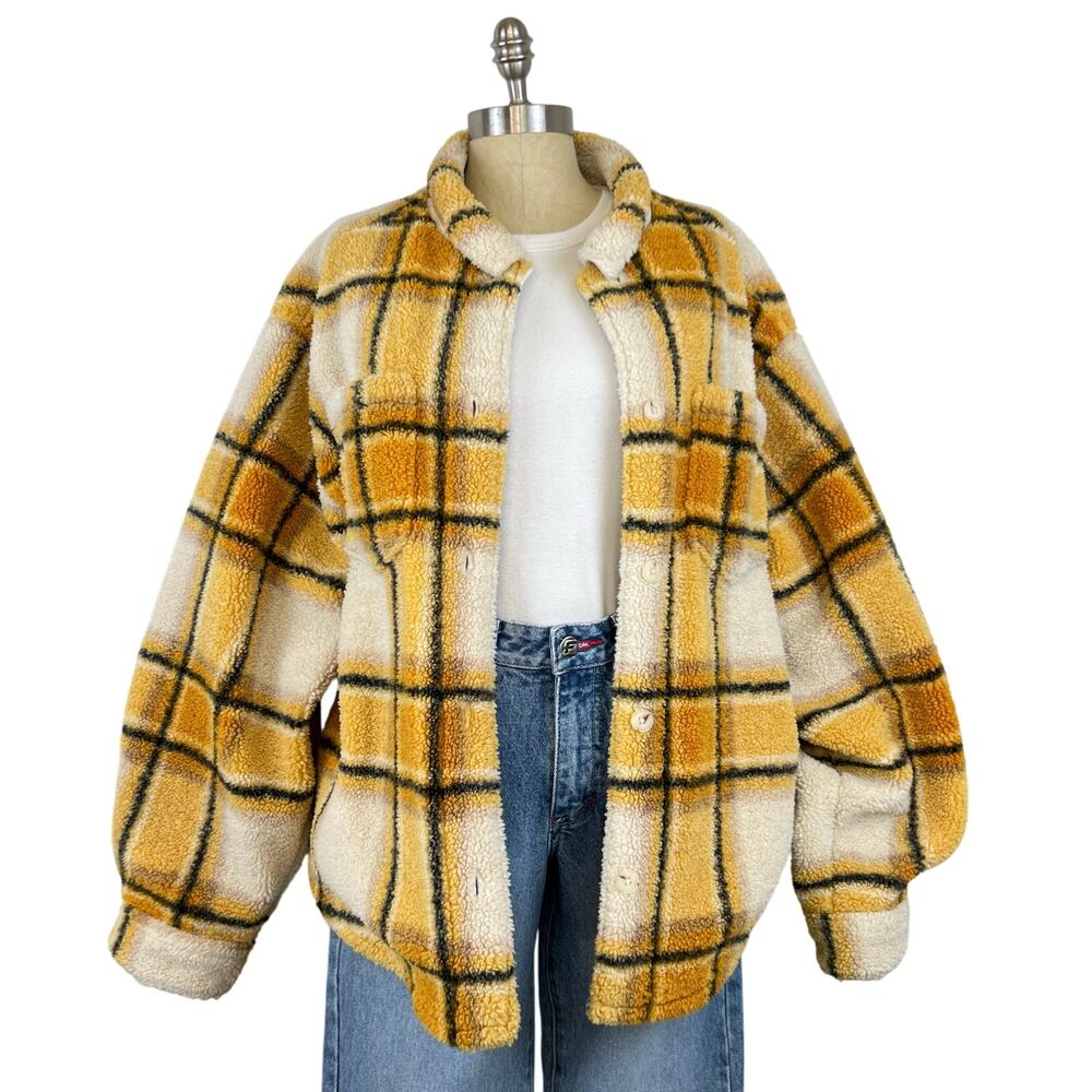 Sincerely Jules For Bandier Aspen Sherpa Jacket in Amber Plaid Shacket (Sz L) - Picture 2 of 11